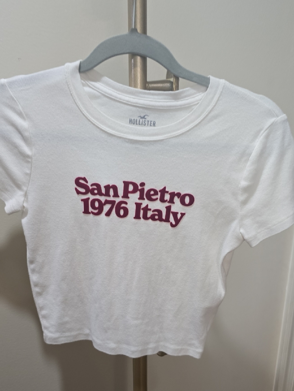 Hollister White Tee with Burgundy 'San Pietro 1976 Italy' Graphic